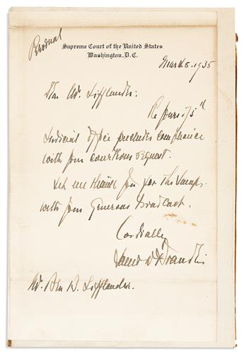(SUPREME COURT.) BRANDEIS, LOUIS D.; AND BENJAMIN N. CARDOZO. Two Autograph Letters Signed, each by one, each to Ben B. Lifflander.